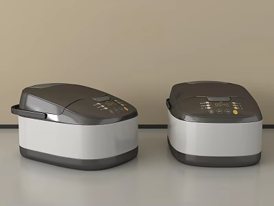 Two Dark Gray And White Rice Cookers Kitchen Appliances With Control Panels On Light Countertop 3d model