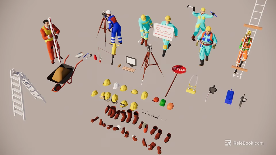 Construction Workers With Safety Helmets Measuring Tools And Construction Equipment On Site 3d model
