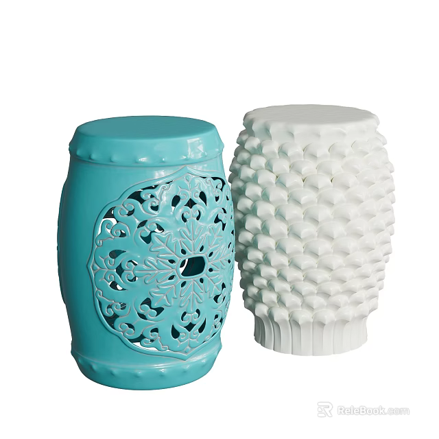 Decorative Blue And White Stools With Laser Cut Patterns And Textured Surfaces 3d model