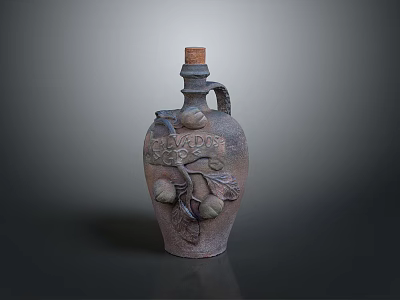 Vintage Ceramic Decorative Bottle With Handle Featuring Carved Fruit Patterns And Cork Stopper 3d model