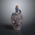 Vintage Ceramic Decorative Bottle With Handle Featuring Carved Fruit Patterns And Cork Stopper
