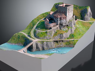 Historic Castle on a Rocky Hill with Green Grass Winding Paths River and Bridge 3d model