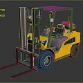 Yellow Industrial Forklift Truck With Black Forks Gray Cabin And Red Fuel Tank