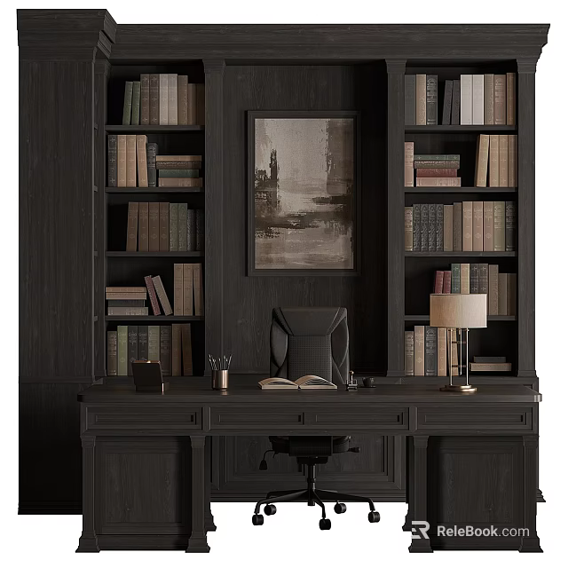 Dark Wood Bookcase With Symmetric Shelves Books Desk Lamp And Wall Art 3d model 