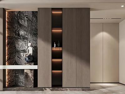 Modern Entryway Cabinet And Side Cabinet Design With Shelves Lighting And Stone Wall 3d model