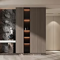 Modern Entryway Cabinet And Side Cabinet Design With Shelves Lighting And Stone Wall
