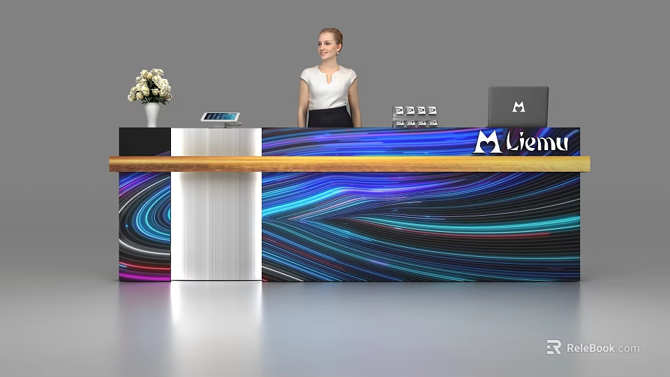 Modern Reception Desk With Colorful Wave Pattern Receptionist Flower Vase Tablet And Laptop 3d model 