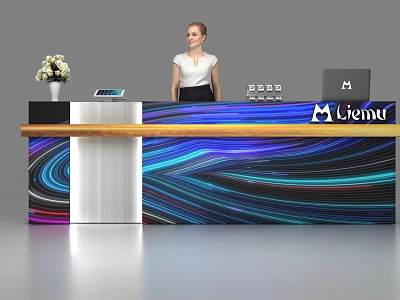 Modern Reception Desk With Colorful Wave Pattern Receptionist Flower Vase Tablet And Laptop 3d model