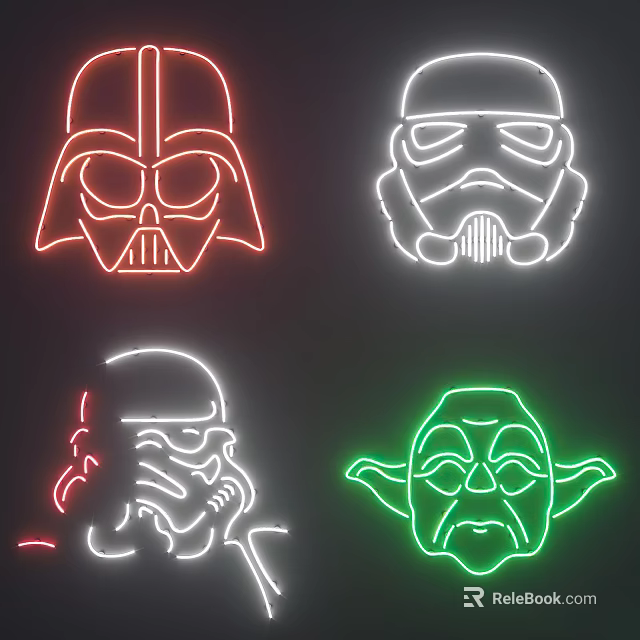 Colorful Neon Decorative Lights With Movie Character Head Silhouettes In Red White Green 3d model 