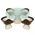 Dining Table Set With Round Transparent Glass Top And Woven Rattan Chairs In Brown Beige