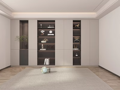 Modern Minimalist Bookcase Design With Open Shelves Decorative Items And Neutral Tones 3d model