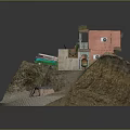 Cartoon Scene with Pink Building Green Balcony Pool Sandy Beach Tent Surfboard and Small Car