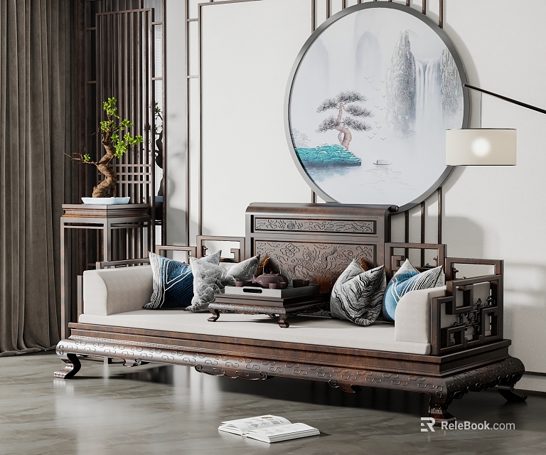 Traditional Chinese Arhat Bed With Wooden Carvings Decorative Pillows And Side Table 3d model 