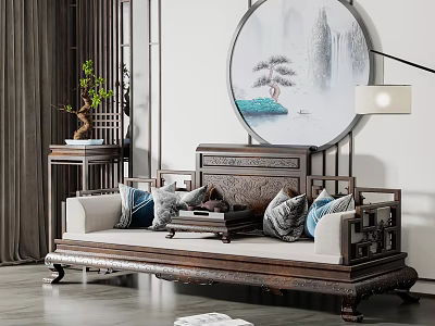 Traditional Chinese Arhat Bed With Wooden Carvings Decorative Pillows And Side Table 3d model