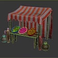 Fruit Stand With Red White Striped Canopy Wooden Frame Fruit Baskets And Clay Pots