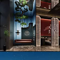 Traditional Chinese Restaurant Interior With Blue Walls Red Decor Pine Tree And Seating Area