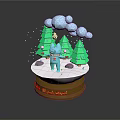 Snow Wonderland Scene With Round Base Cartoon Figure Green Trees Clouds And Snowflakes