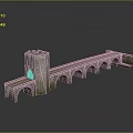 Ancient Stone Bridge Model With Tower And Multiple Arches On Reflective Surface 3d model