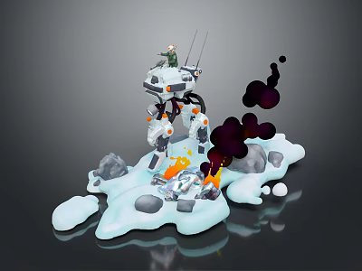 Heroic Character Confronting Magical Creature In Snowy Terrain With Flames Smoke And Rocks 3d model