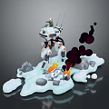 Heroic Character Confronting Magical Creature In Snowy Terrain With Flames Smoke And Rocks
