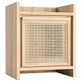 Natural Wooden Bedside Table With Rattan Panel Detail And Minimalist Design