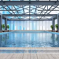 Spacious Indoor Swimming Pool With Glass Ceiling Metal Frame Lounge Chairs And Green Plants