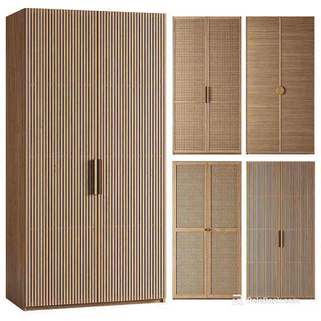 Modern Wooden Wardrobe Designs With Vertical Stripes Lattice Doors And Metal Handles 3d model 