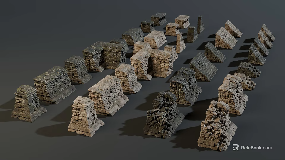 Various Irregular Stone Piles Stacked With Textured Stones On Gray Background 3d model 
