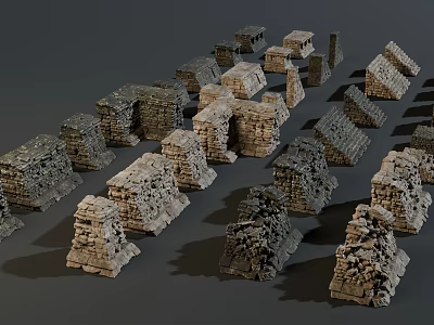 Various Irregular Stone Piles Stacked With Textured Stones On Gray Background 3d model