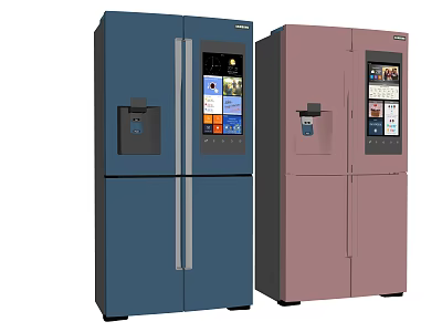 Modern Blue and Pink Refrigerators with Smart Display Water Dispenser and Ice Maker 3d model