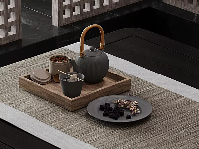 Traditional Tea Set With Wooden Tray Teacup Tea Canister And Snacks On Mat 3d model