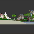 Ancient Village Scene With Stone Cottages Walls Green Trees Winding Path And River