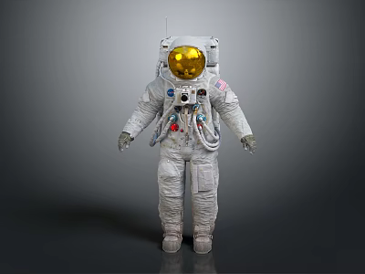 Man Astronaut in White Spacesuit with Gold Helmet and Life Support Gear against Gray Background 3d model
