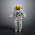 Man Astronaut in White Spacesuit with Gold Helmet and Life Support Gear against Gray Background