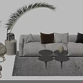Modern White Sofa Coffee Table Set With Throw Pillows Wicker Chairs Gray Rug And Greenery 3d model
