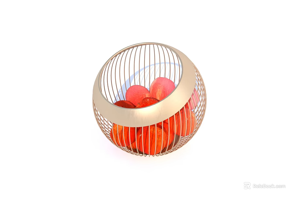 Decorative Round Metal Mesh Fruit Basket With Fresh Red Fruits 3d model 
