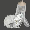 Cozy White Baby Crib With Canopy On Round Rug And Plush Cat Toy