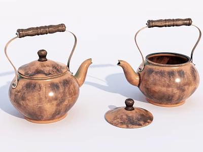 Vintage Copper Tea Set Featuring Teapots With Wooden Handles And Textured Surface 3d model
