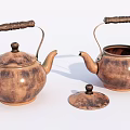 Vintage Copper Tea Set Featuring Teapots With Wooden Handles And Textured Surface