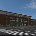 Modern Red Brick School Building With Symmetrical Design Green Lawn And Clear Blue Sky