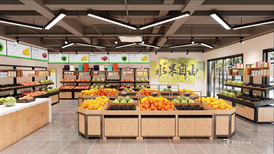 Modern Fruit Store Interior Design With Fresh Fruit Displays Wooden Shelves And Various Fruits 3d model 
