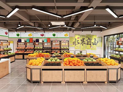 Modern Fruit Store Interior Design With Fresh Fruit Displays Wooden Shelves And Various Fruits 3d model