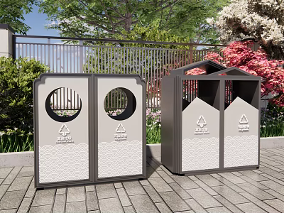 Garden Decorative Trash Bins With Recycling Signs Green Plants And Trees 3d model