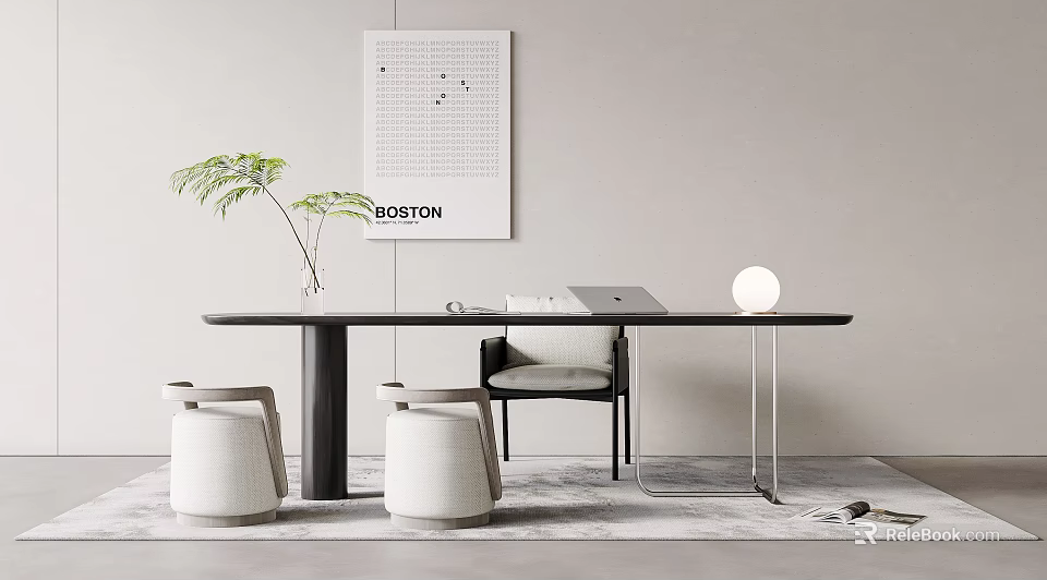 Modern Desk With Laptop Green Plant White Globe Lamp Black Chair Stools And Boston Poster 3d model 