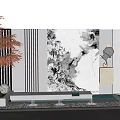 Chinese Style Feature Wall With Ink Painting Lighting Plants And Linear Design