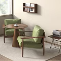 Modern Round Wooden Negotiation Table with Green Chairs in Interior with Bookshelf Magazines and Lamp