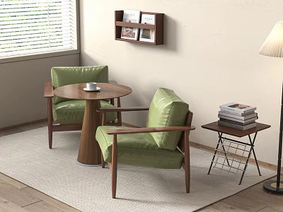 Modern Round Wooden Negotiation Table with Green Chairs in Interior with Bookshelf Magazines and Lamp 3d model