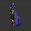 Mythical Warrior In Blue And Gold Armor With Purple Cloak And Shiny Accents