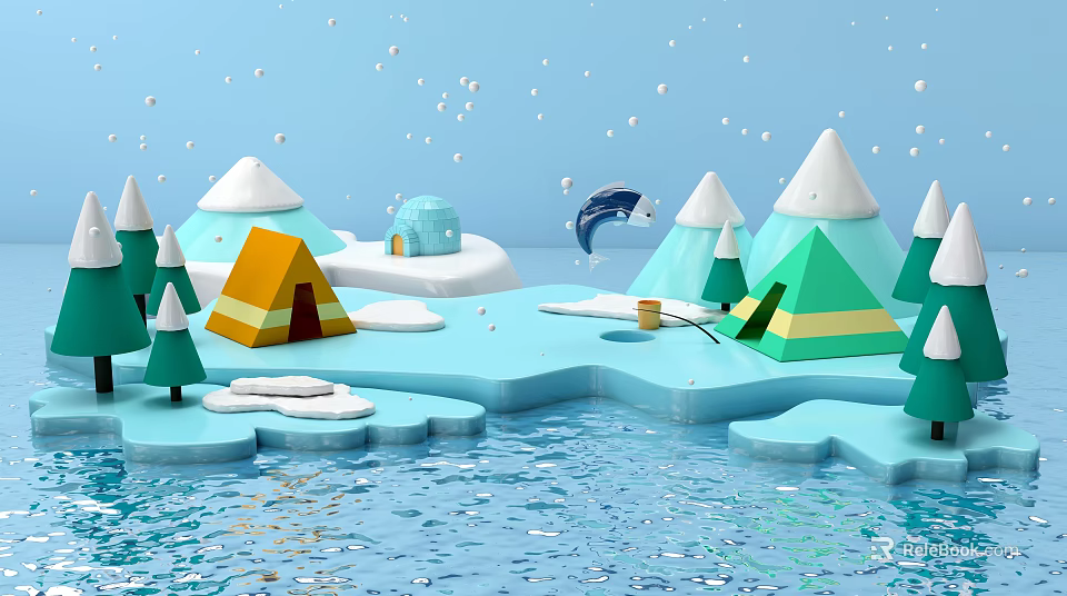 Cartoon Scene with Blue Sky Snowflakes Igloo Colorful Tents Green Pine Trees Water Leaping Dolphin 3d model 
