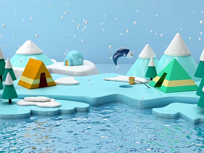 Cartoon Scene with Blue Sky Snowflakes Igloo Colorful Tents Green Pine Trees Water Leaping Dolphin 3d model